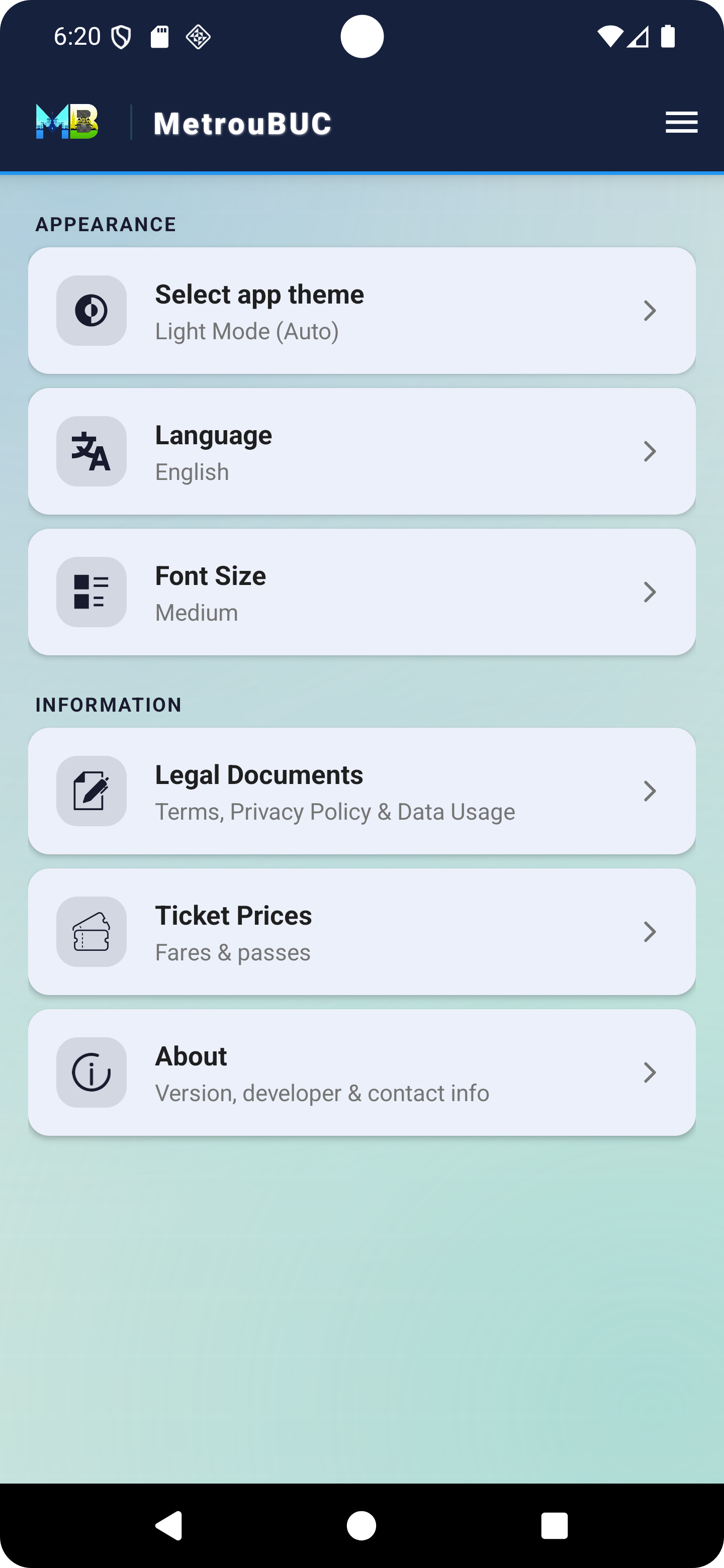 Setări aplicație în temă light