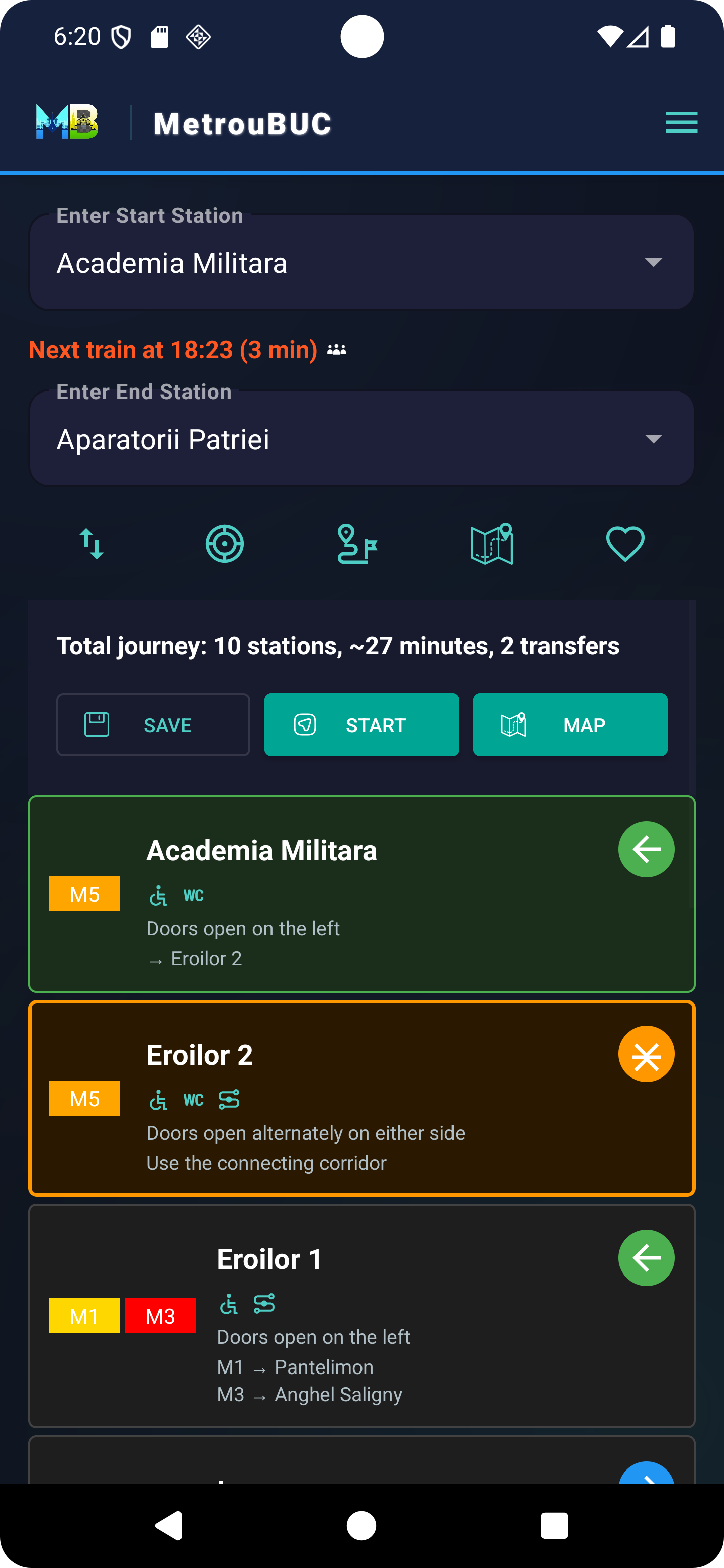 Ecran de selectare a traseului