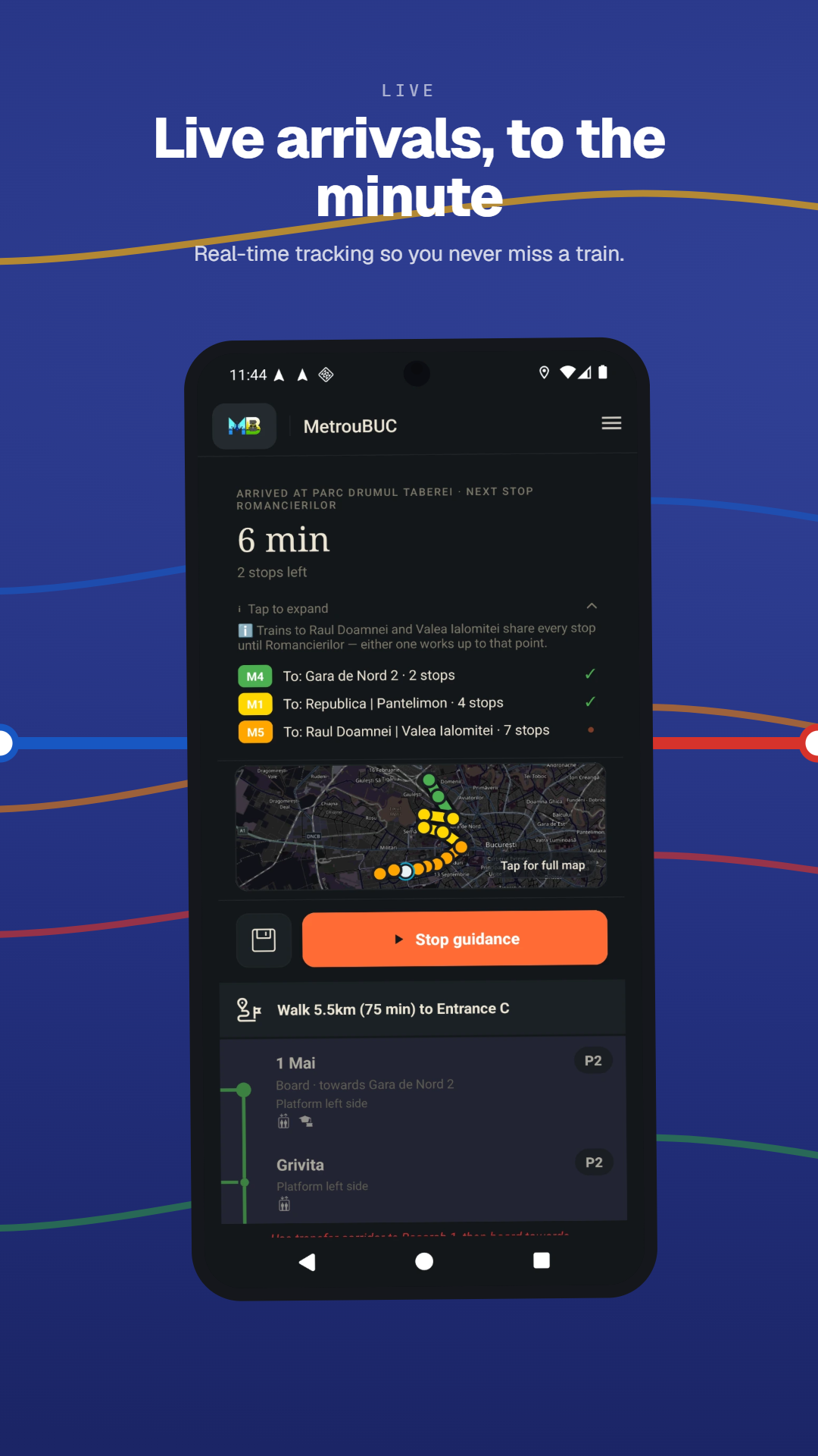 Notificare pentru următorul tren, modul întunecat.